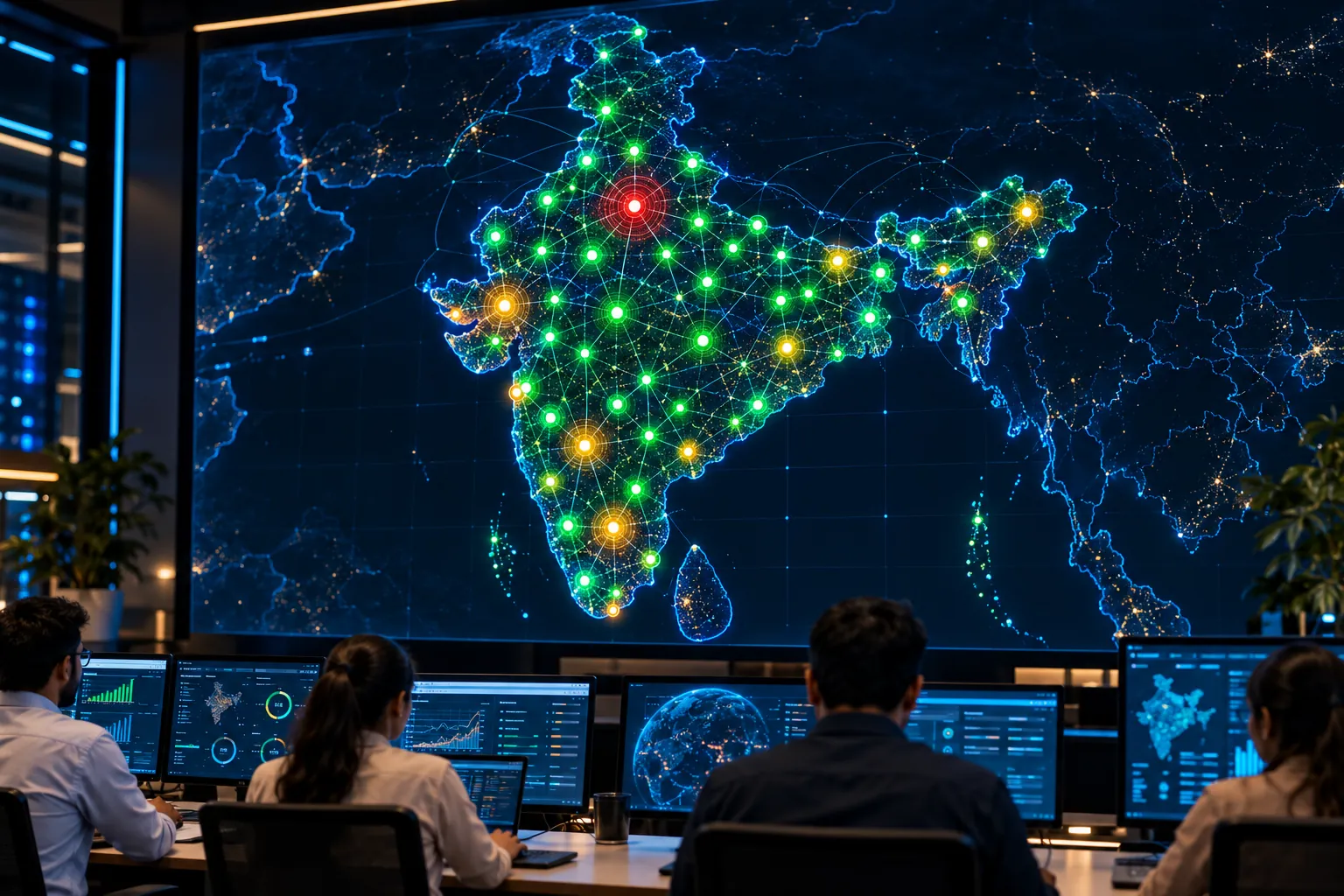 A dark digital map of India with green, amber and red site markers
