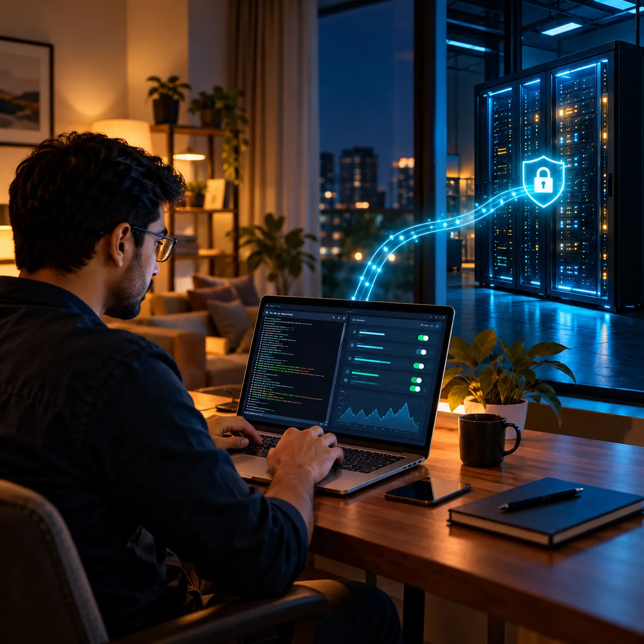 An engineer at home securely linked to a distant server rack