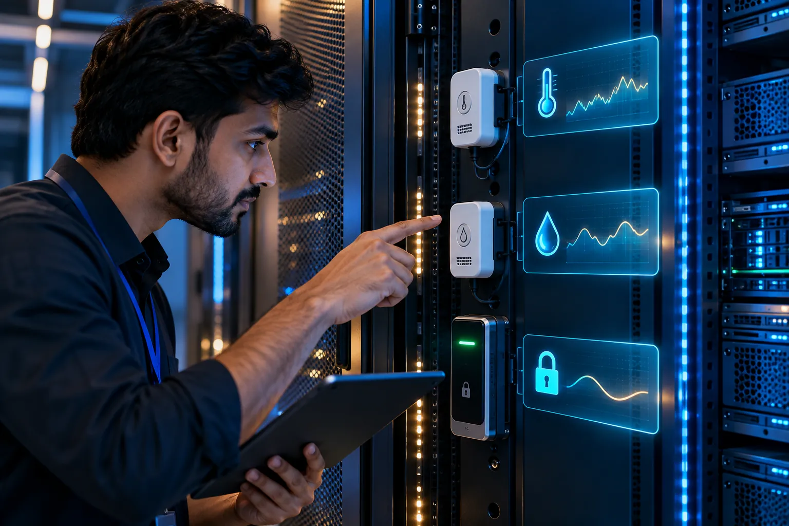 Rack sensors for temperature, humidity and door access with floating readouts