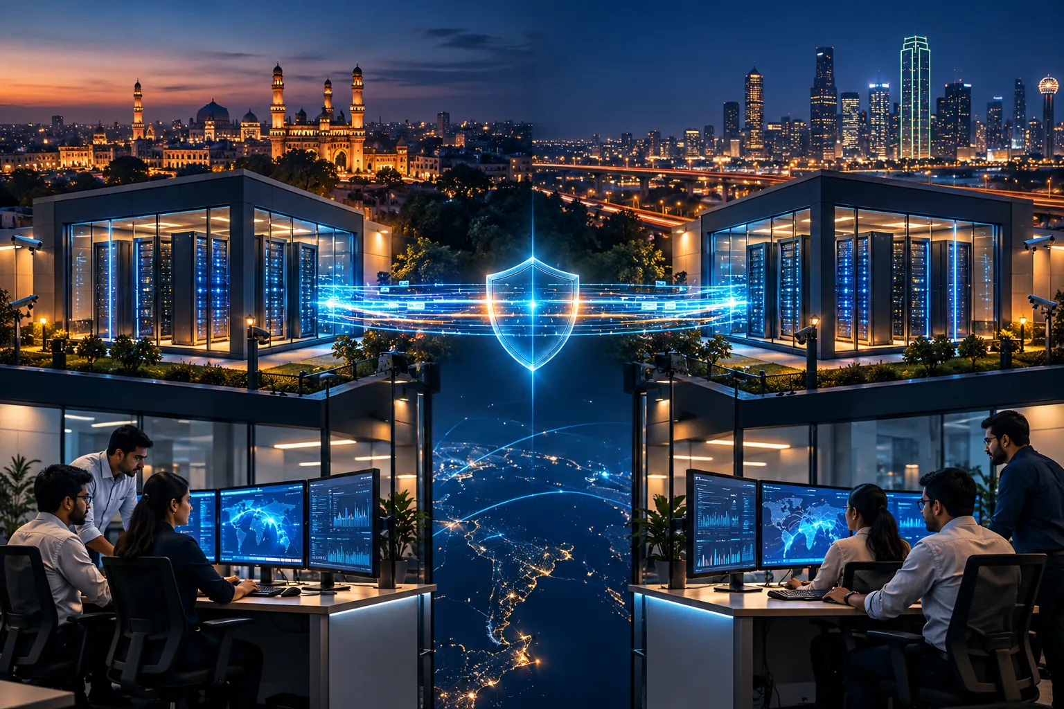 Two mirrored micro data centers in different cities linked by a protected data bridge
