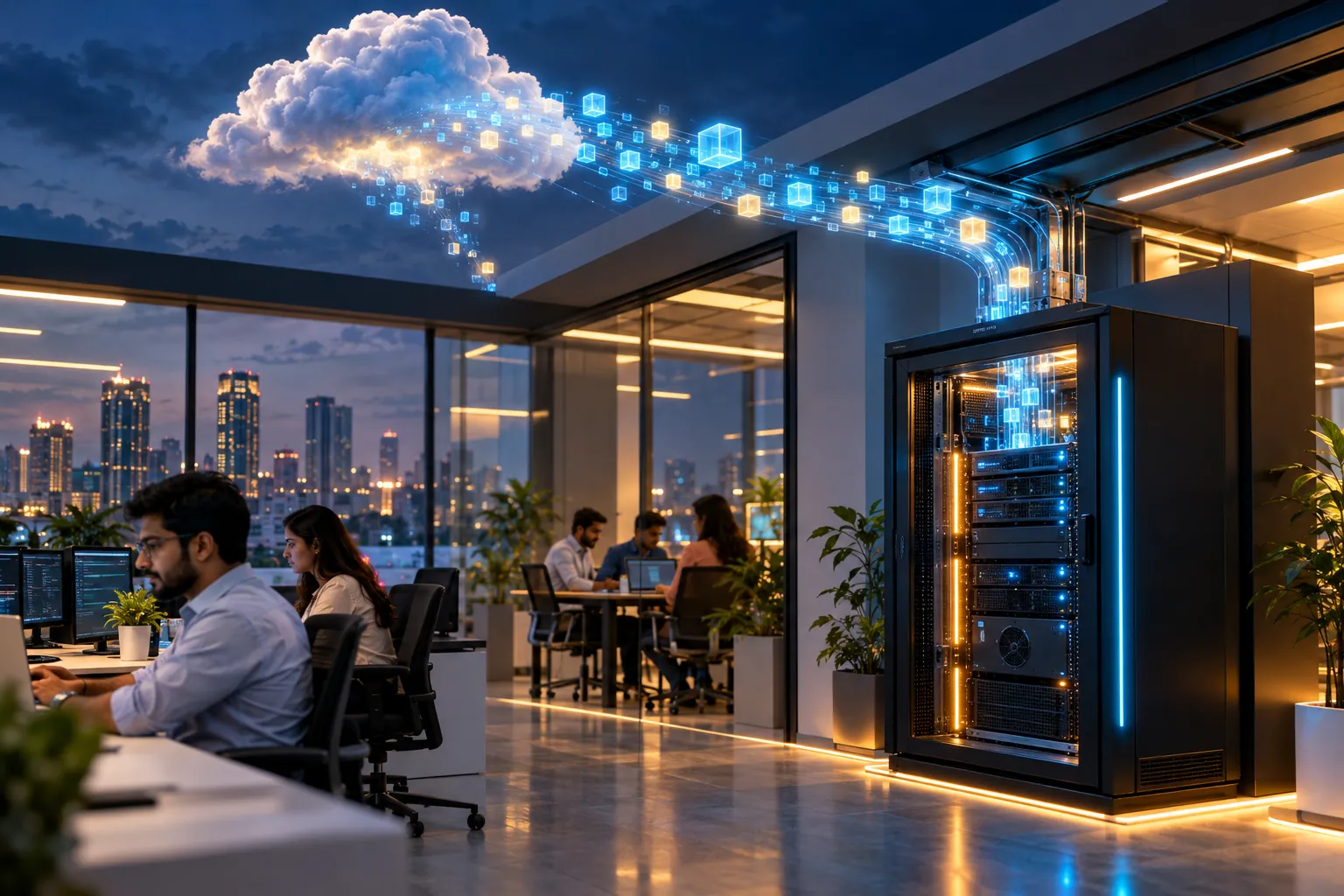 Glowing data cubes flowing from a cloud into a compact micro data center inside an office
