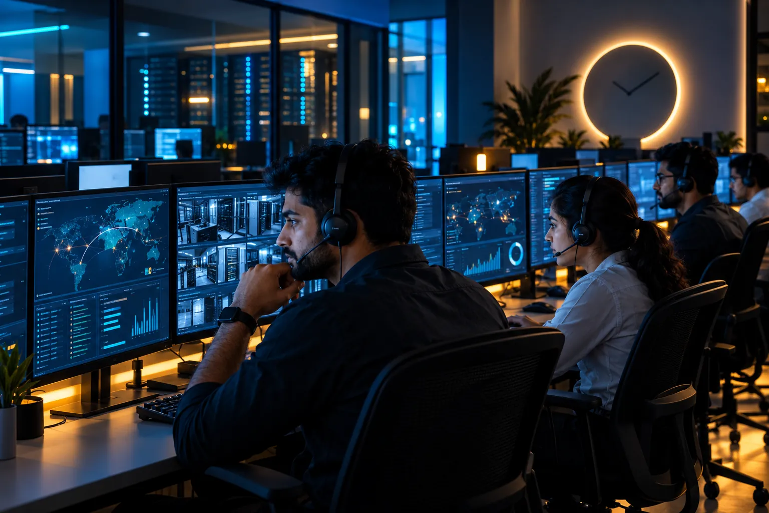 Night-shift NOC operators in a dim room lit by monitors